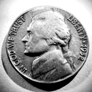 1952 No Mint Mark Jefferson Nickel Coin In Good Circulated Condition.